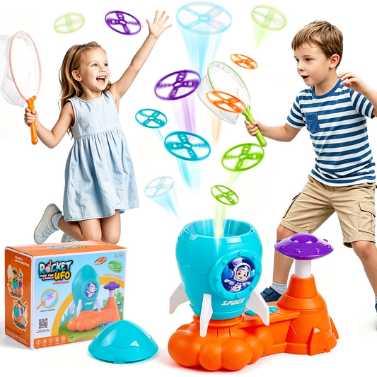 Zacro Rocket Launcher Toys for Kids, Flying Disc Launcher Outdoor Toys with 1 Rocket Launcher, 24 Flying Discs and 2 Nets, Outside Chasing Catching Game Toys Gift for Boys Girls Age 3+