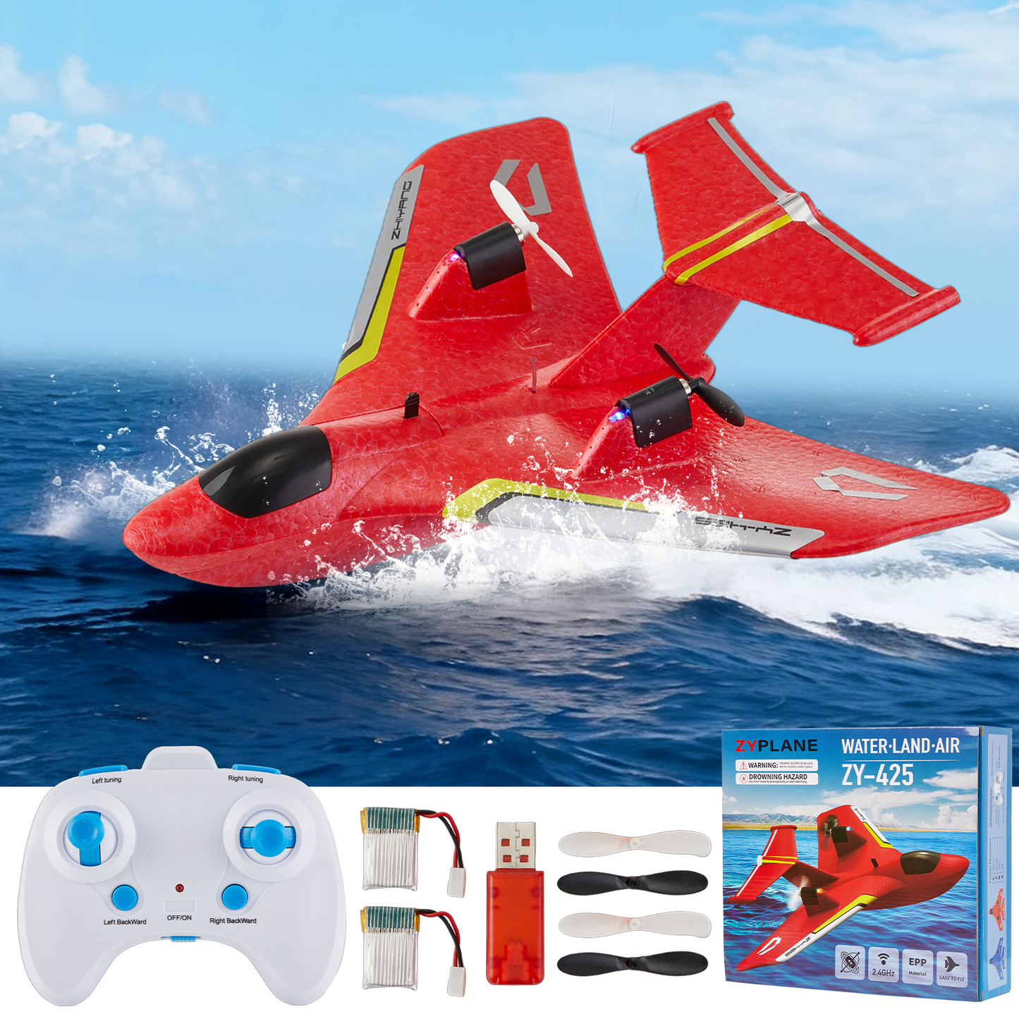 Gleamkid RC Plane for Water Land & Air, Remote Control Airplane with Lights, Amphibious Tri-Phibian Aircraft, RC Glider Aircraft Outdoor Flying Toys Gift for Kids Adults, 2 Batteries