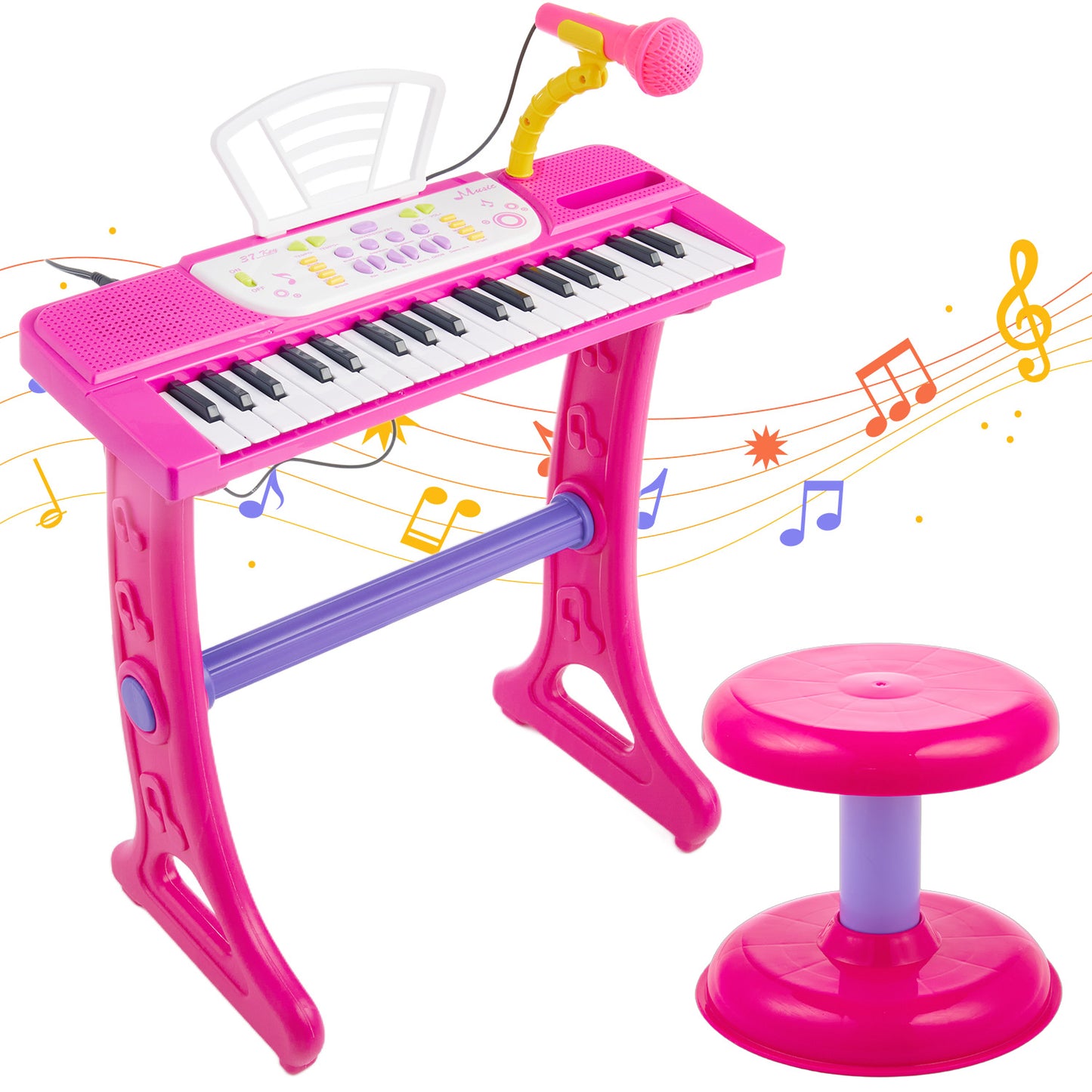 Petbank 37-Key Kids Piano Keyboard Toy, Kids Electronic Piano with Microphone, Stool, 8 Instrument Sounds Piano Toy Gift for Girls, Pink