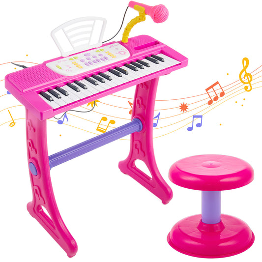 Petbank 37-Key Kids Piano Keyboard Toy, Kids Electronic Piano with Microphone, Stool, 8 Instrument Sounds Piano Toy Gift for Girls, Pink