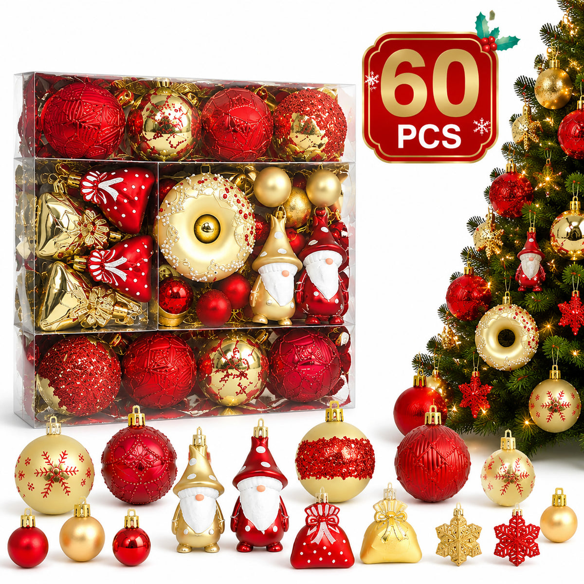 Zacro 60PCS Christmas Ornaments Set Red Gold, Shatterproof Christmas Tree Decorations Balls with Santa Snowflake Hanging Decorations, Xmas Holiday Decor for Tree Home Party