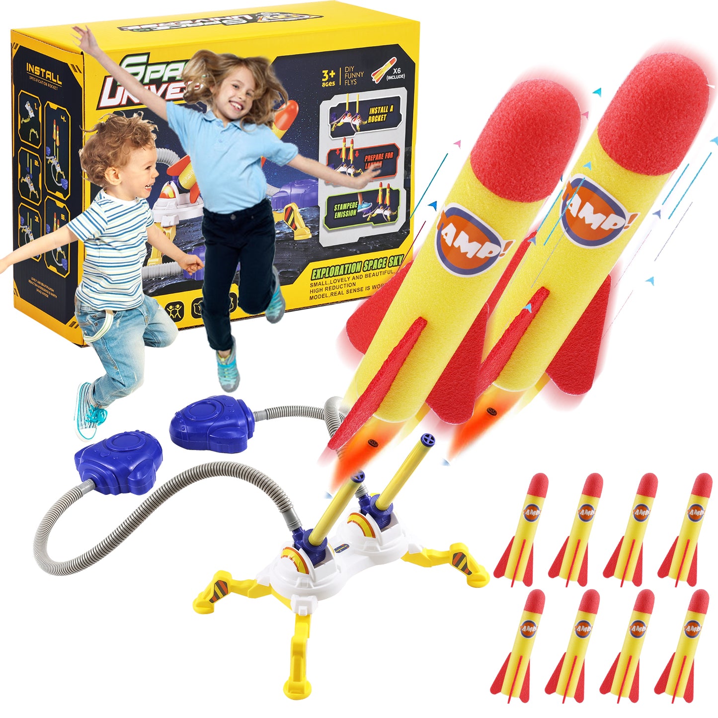Anpro Toy Rocket Launcher Set for Kids, Rocket Outdoor Toys with 8 Rockets + 2 Launcher Soars 100 ft for Boys or Girls Age 3+ Years Old Christmas Gift, Yellow
