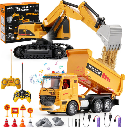 2 PCS RC Excavator and Dump Truck Toy Set, Remote Control Excavator Toy with Barricades, Road Signs, Stone Accessories, Lights Sounds, Construction Vehicles Toys Gift for Kid Aged 3-12