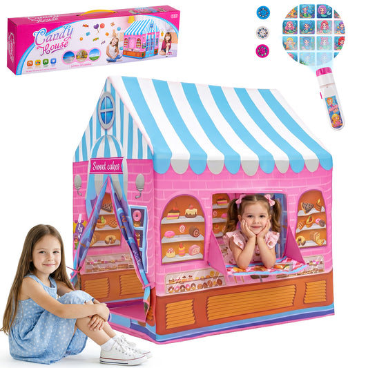 Lictin Pink Play Tent for Girls, Large Princess Play Tent House with Projector, Indoor & Outdoor Castle Tent Toy Gift for Kids Ages 3 4 5 6 7 8