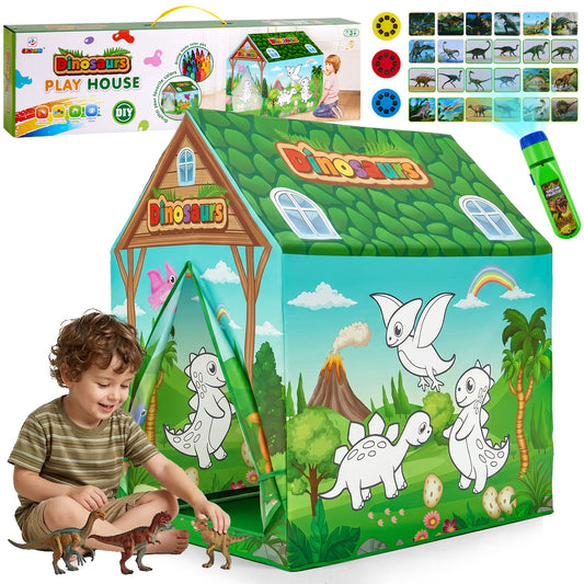Zacro Dinosaur Play Tent for Kids, Indoor Outdoor Playhouse with Projector Flashlight & Drawing Pen, Foldable Tent Games Party Toy for Toddler Boys & Girls