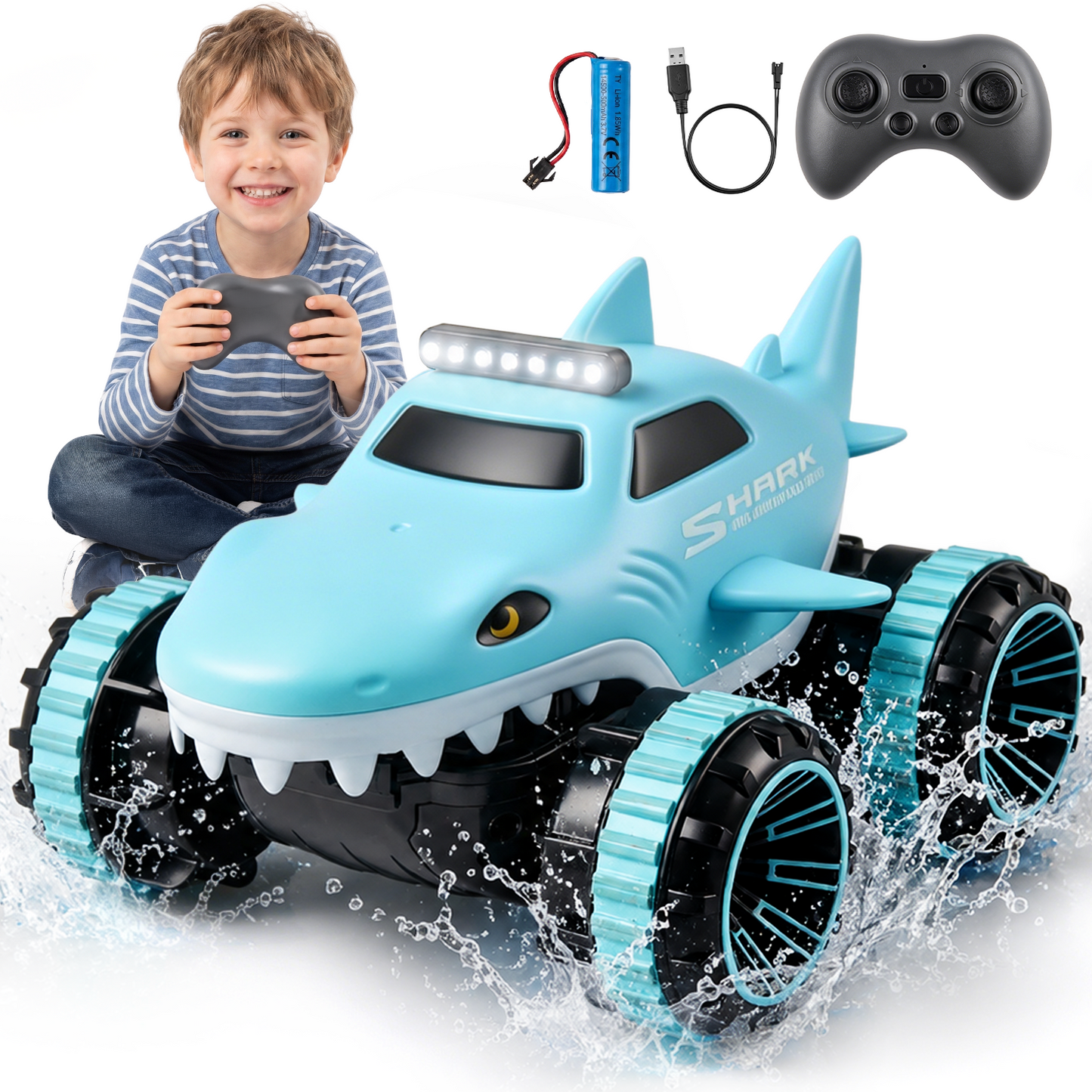 Lictin Amphibious Remote Control Car for Kids, 2.4GHz RC Shark Car for Water & Land, 4WD Waterproof Monster Truck Toys with 360° Spins & LED Lights, Gift for Boys Girls Ages 3+