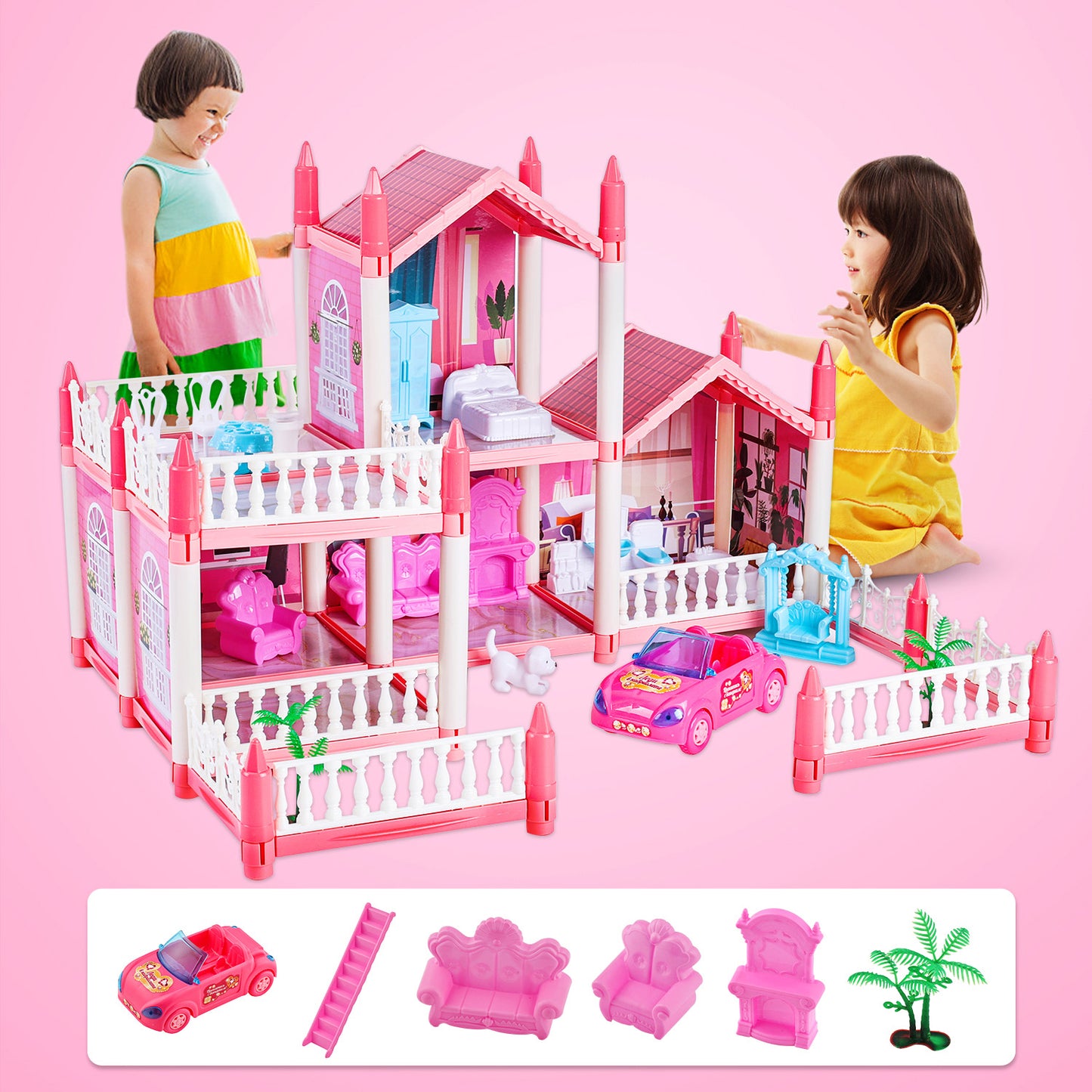 Anpro Pink Dollhouse Pretend Play Set for Kid, Big Villa Princess Castle, 5 Rooms Dollhouse with Doll Toy Figure for Boys and Girls Age 3+ Play House Gift Toys and Christmas Gift