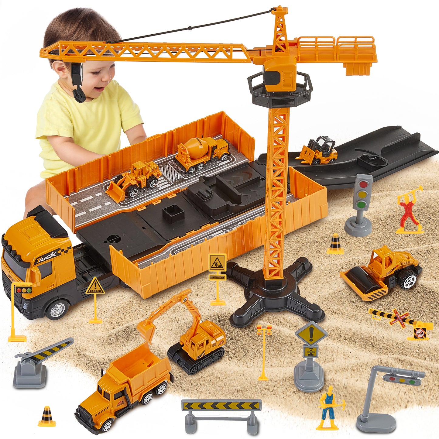 Lictin Construction Vehicles Toys Playset, Alloy Construction Truck with 6 Cars, Crane, Excavator, Tractor, Dump Truck, Forklift, Road Roller, Gift for 3-5 Year Toddlers Boys