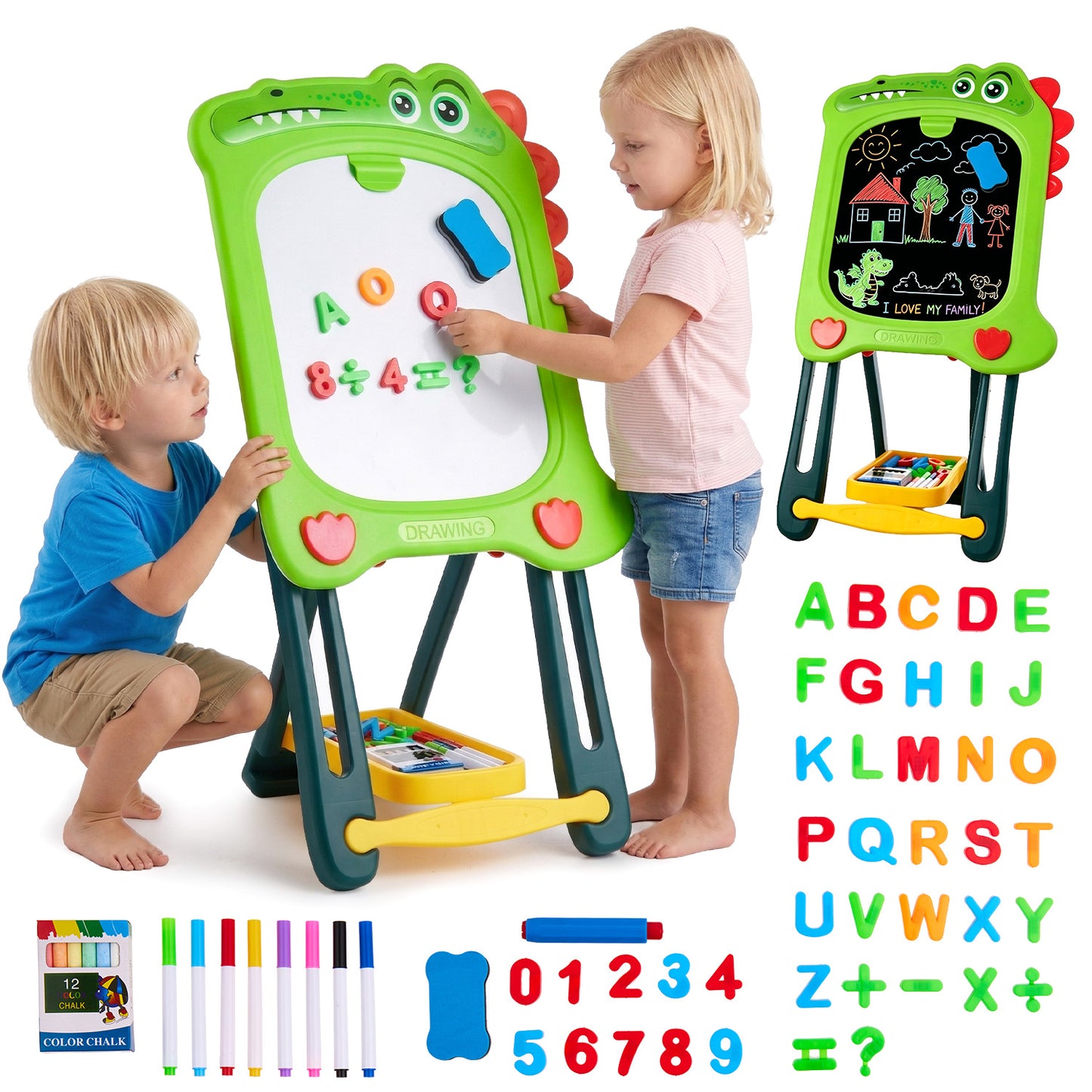 Zacro Easel for Kids, Double Sided Art Easel with Magnetic White Board and Chalk Board, Adjustable Drawing Board for Toddlers Boys and Girls Ages 2-6