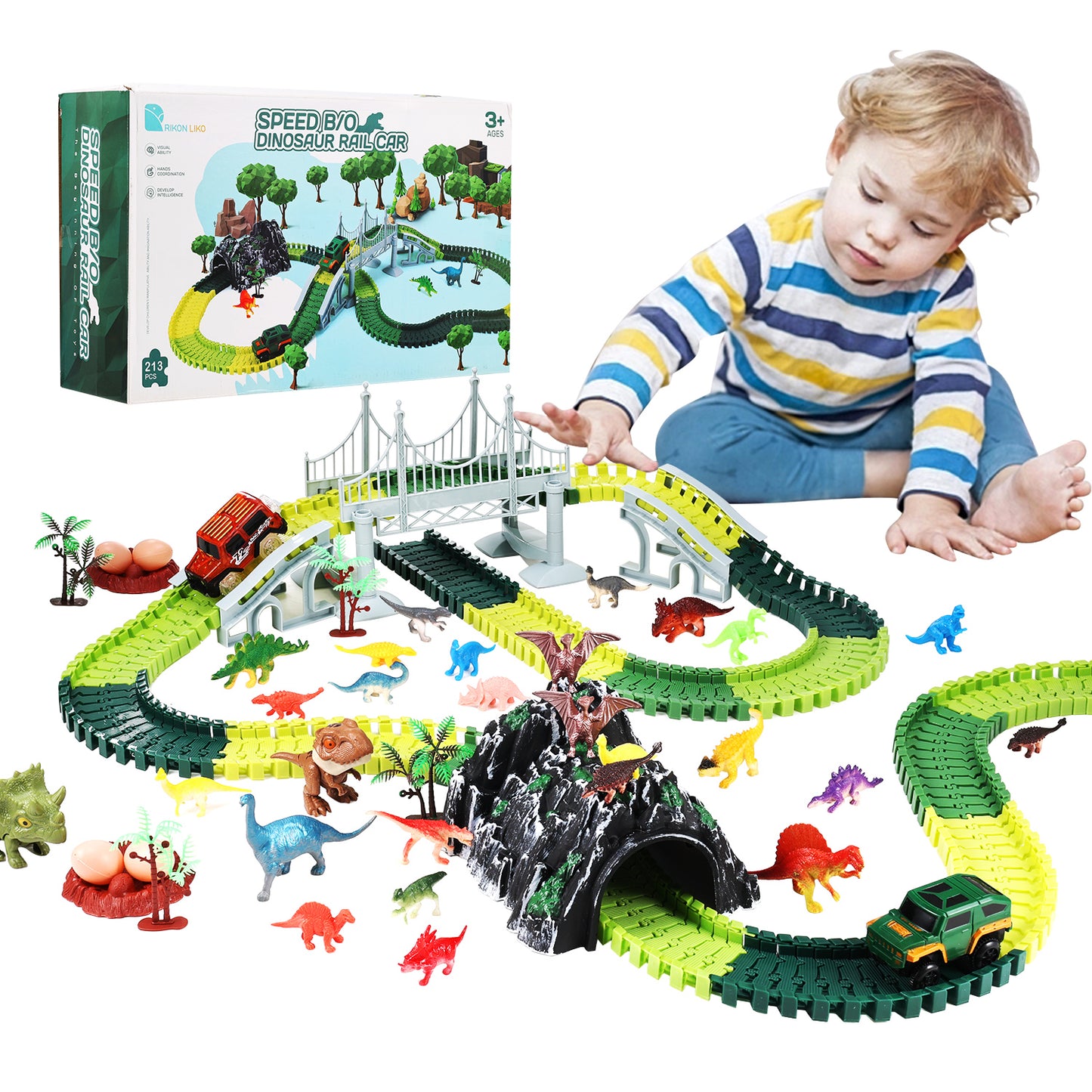 Zacro Dinosaur Toys Race Car Track Set, 240pcs Dinosaur Toys for Boys and Girls, Flexible Train Track Playset Create A Dinosaur Road Race for Toddlers Christmas Gifts