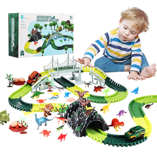 Zacro Dinosaur Toys Race Car Track Set, 240pcs Dinosaur Toys for Boys and Girls, Flexible Train Track Playset Create A Dinosaur Road Race for Toddlers Christmas Gifts