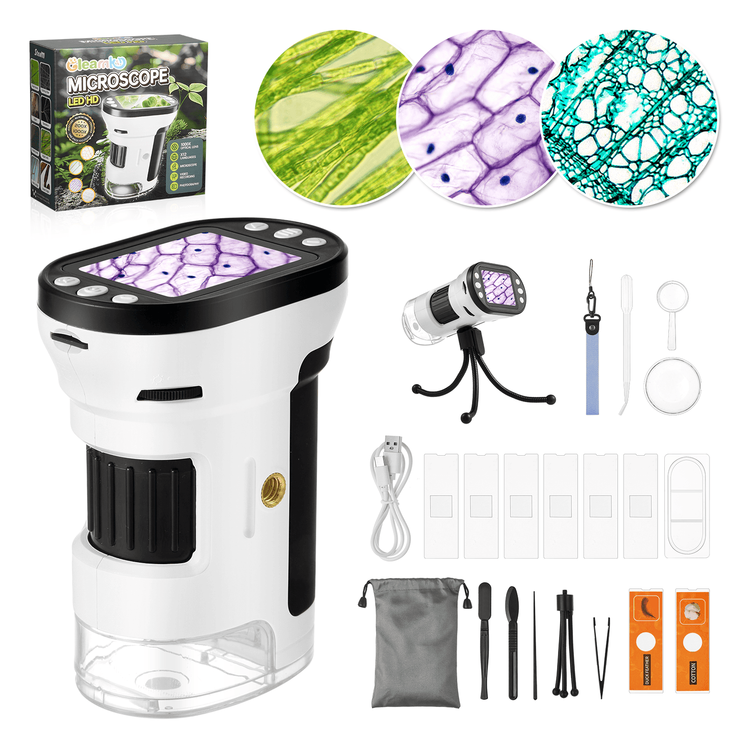 Microscope for Kids, 200-1000X Handheld Microscope with Photo & Video & Playback Modes, Pocket Microscope 2” LCD Screen, Tripod & 32G SD Card for Student