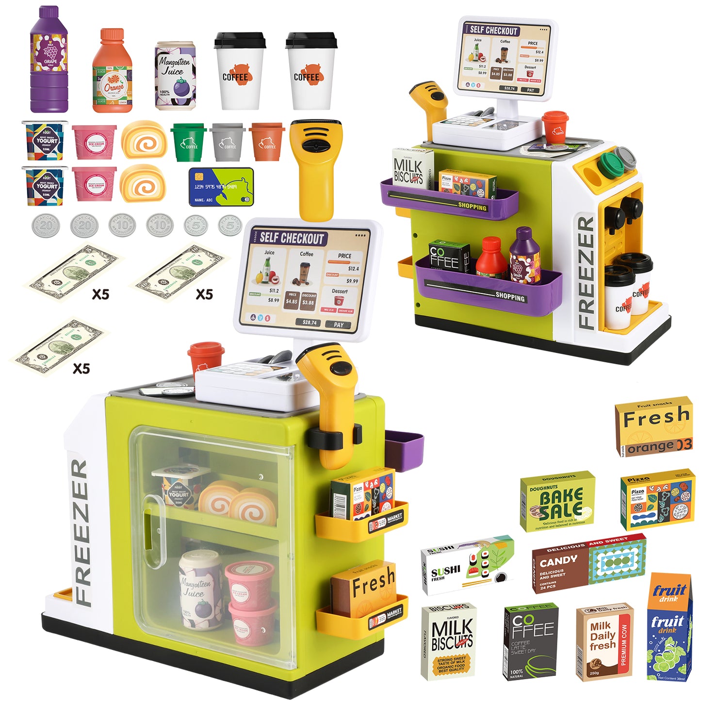 Anpro 47PCS Cash Register Playset for Kids, Pretend Play Cash Register with Calculator, Scanners, Coffee Machine, Credit Cards and Play Food for Boys Girls Age 3+, Green
