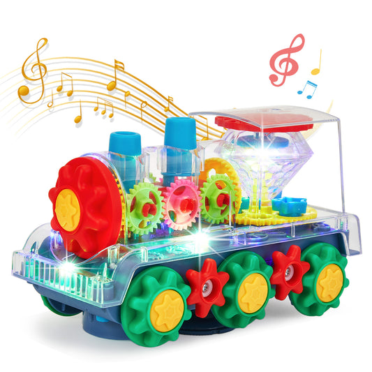 Lictin Electric Gear Train Toy for Toddlers, 360 Rotating Transparent Toy Train with Flashing Lights & Music, Bump and Go Train Toys Gift for Boys Girls