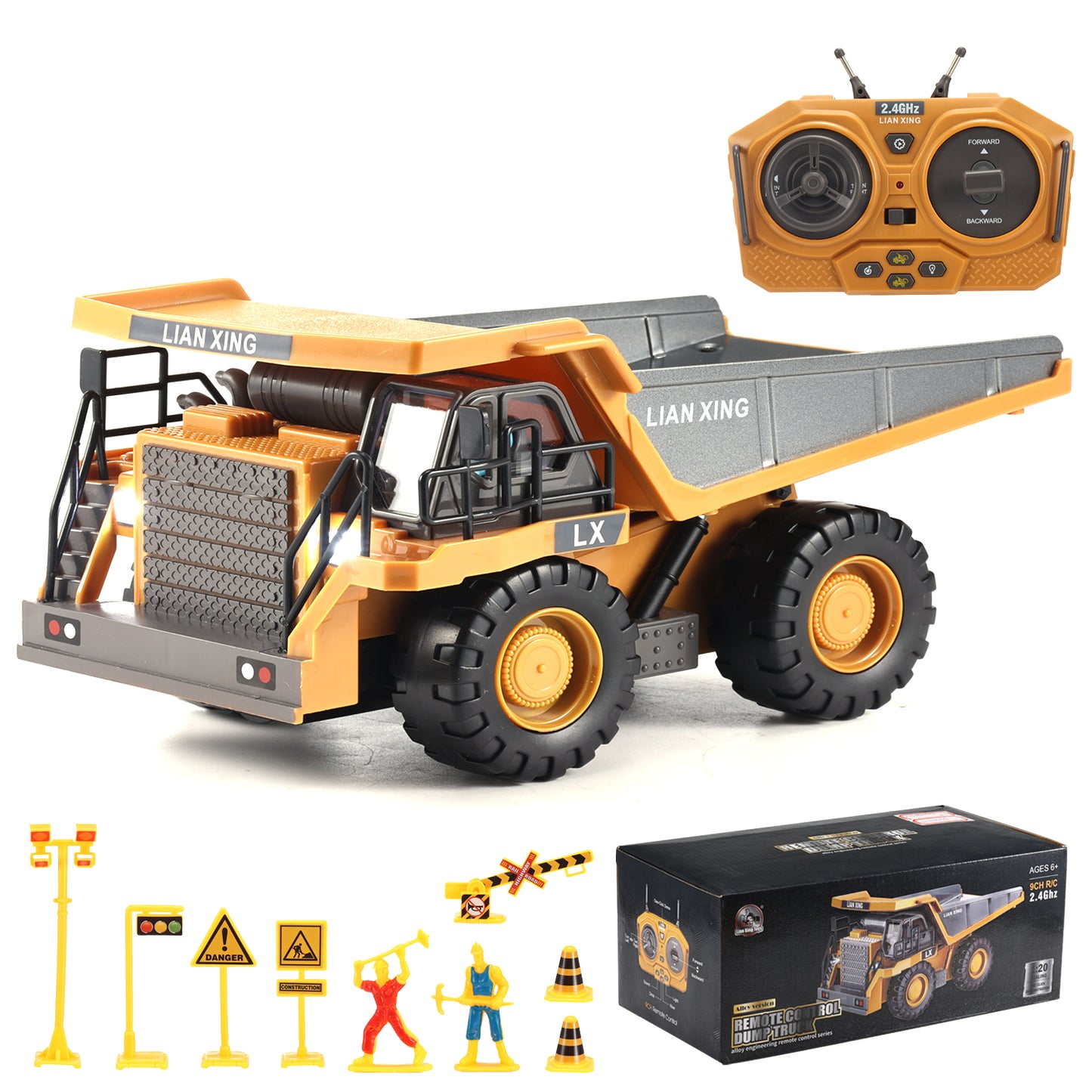 Anpro Remote Control Dump Truck for Kids, 9 Channel RC Construction Vehicle Toys with Light & Music, Rechargeable Truck Toy Gifts for Boys Girl, Yellow