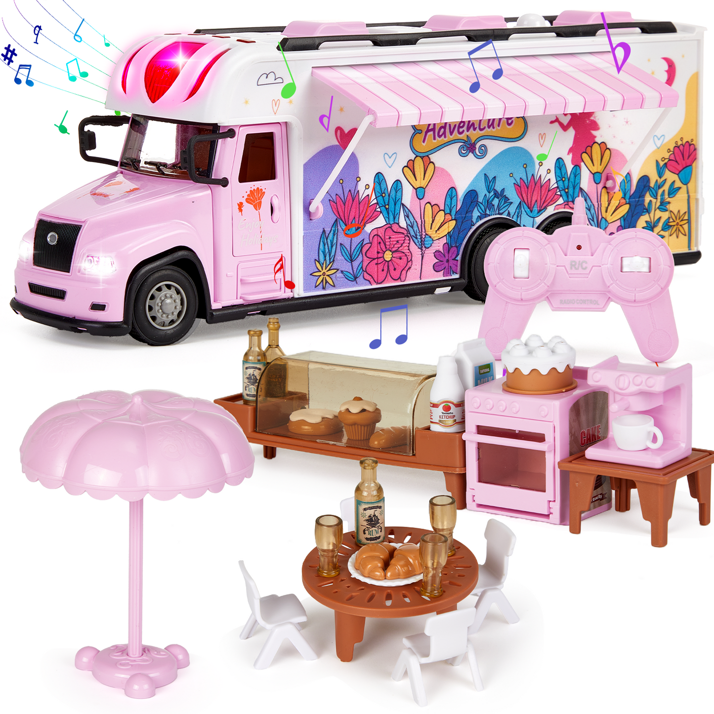 Petbank Ice Cream truck toy, 2.4Ghz Pink RC Car Car with Music, Lights, and Mini Camping Furniture, Pretend Play Dining Food Car Set, Gifts for Girls Aged 3-8, Pink