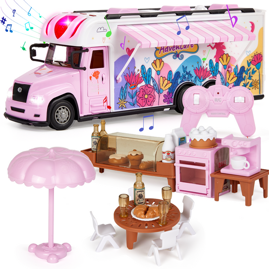 Petbank Ice Cream truck toy, 2.4Ghz Pink RC Car Car with Music, Lights, and Mini Camping Furniture, Pretend Play Dining Food Car Set, Gifts for Girls Aged 3-8, Pink