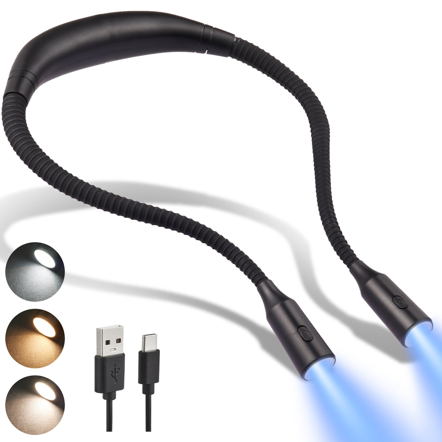 Anpro Rechargeable Neck Reading Light 4 LED, 3 Brightness Levels Lighting & 3 Color Temperatures Book Light for Reading in Bed, up to 40 Hours Reading, Bendable Long Arms Lamp
