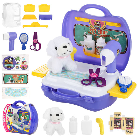 Lictin Pet Care Play Set, 16 Pcs Pretend Vet Grooming Toys with Doctor Kit for Kids, Dog Grooming Kit with Carrier Backpack for aged 3 4 5 6 7 Girls Boys Toddlers, Purple
