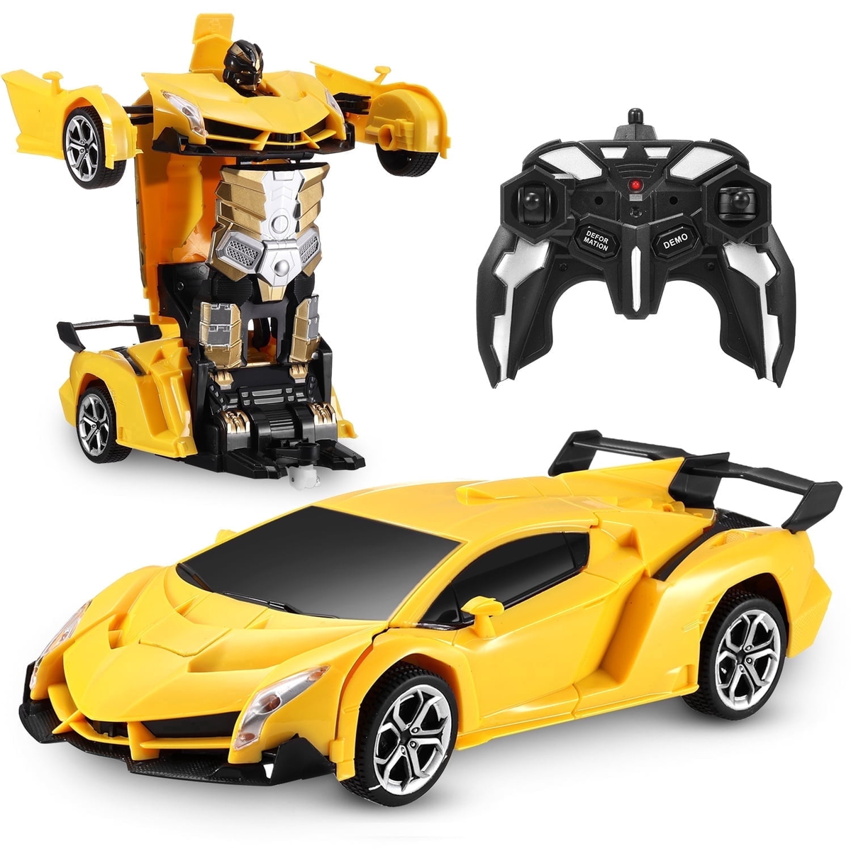 Petbank RC Transform Car Toy, 2.4Ghz Remote Control Transform Car Robot Toy, 1:18 Scale One-Button Deformation Race Car Toys for Boys Girls Ages 4-12, Yellow