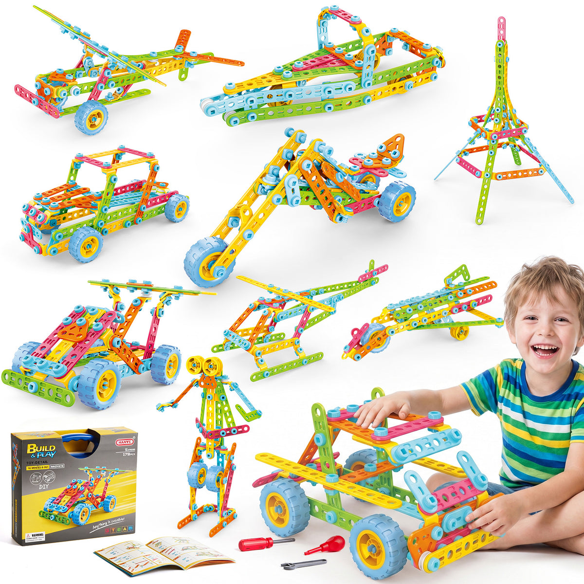 Lictin STEM Building Toys for Kids Ages 4-8, 10-in-1 Building Blocks Toy with Storage Box, Creative Construction Kits, Educational Learning Toys Gift for Boys Girls