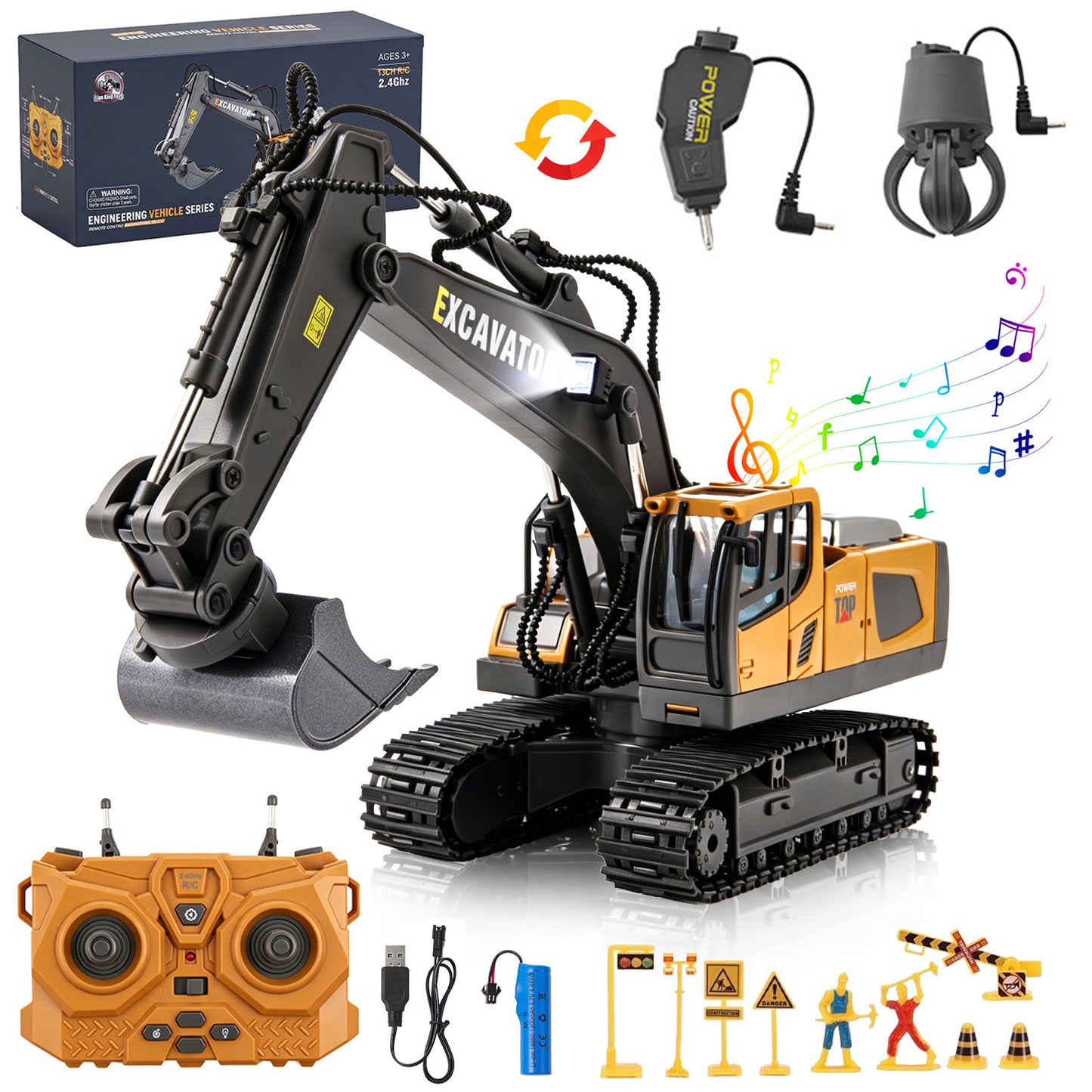 Remote Control Excavator Toys for Boys, 2.4GHz 14 Channel Construction Vehicles Toys with Shovel, Claw & Drill, Engineering Vehicle with Lights & Sounds Gift for Kids