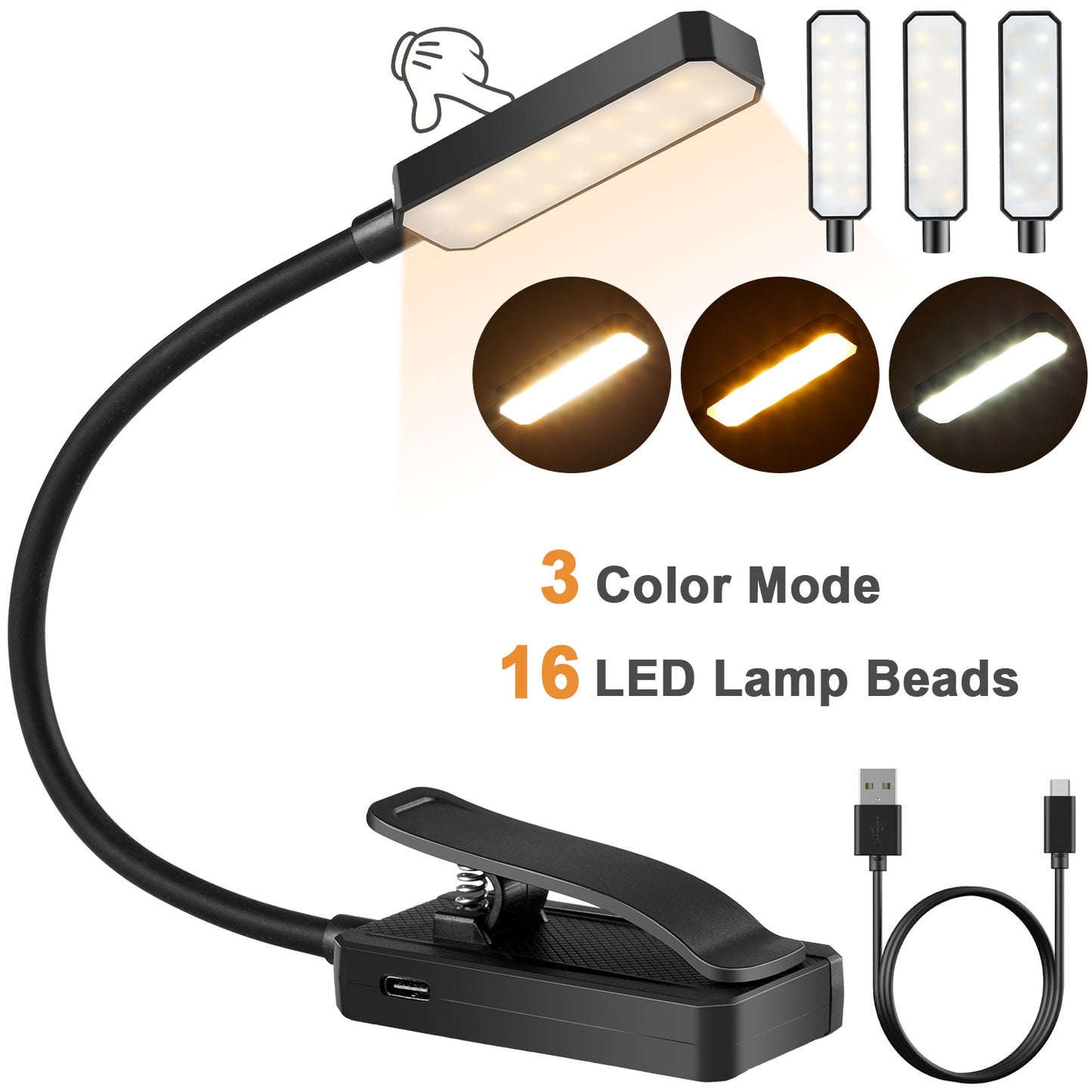 Anpro Rechargeable Book Light, 16 LED Easy Clip on Reading Lamp, 3 Color Temperature, Lightweight Clip on Reading Lights for Books in Bed, Black
