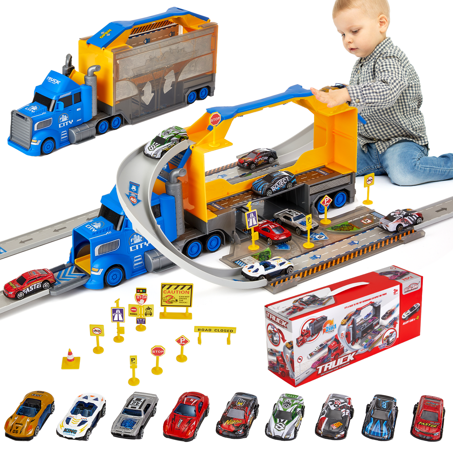Petbank 2 in1 Carrier Truck Race Track Toys, Transport Trucks Circular Race Track Set with 9 Race Cars, Racing Toys Set for Boys and Girls, Blue