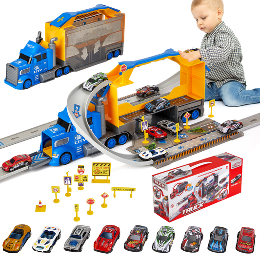 Petbank 2 in1 Carrier Truck Race Track Toys, Transport Trucks Circular Race Track Set with 9 Race Cars, Racing Toys Set for Boys and Girls, Blue