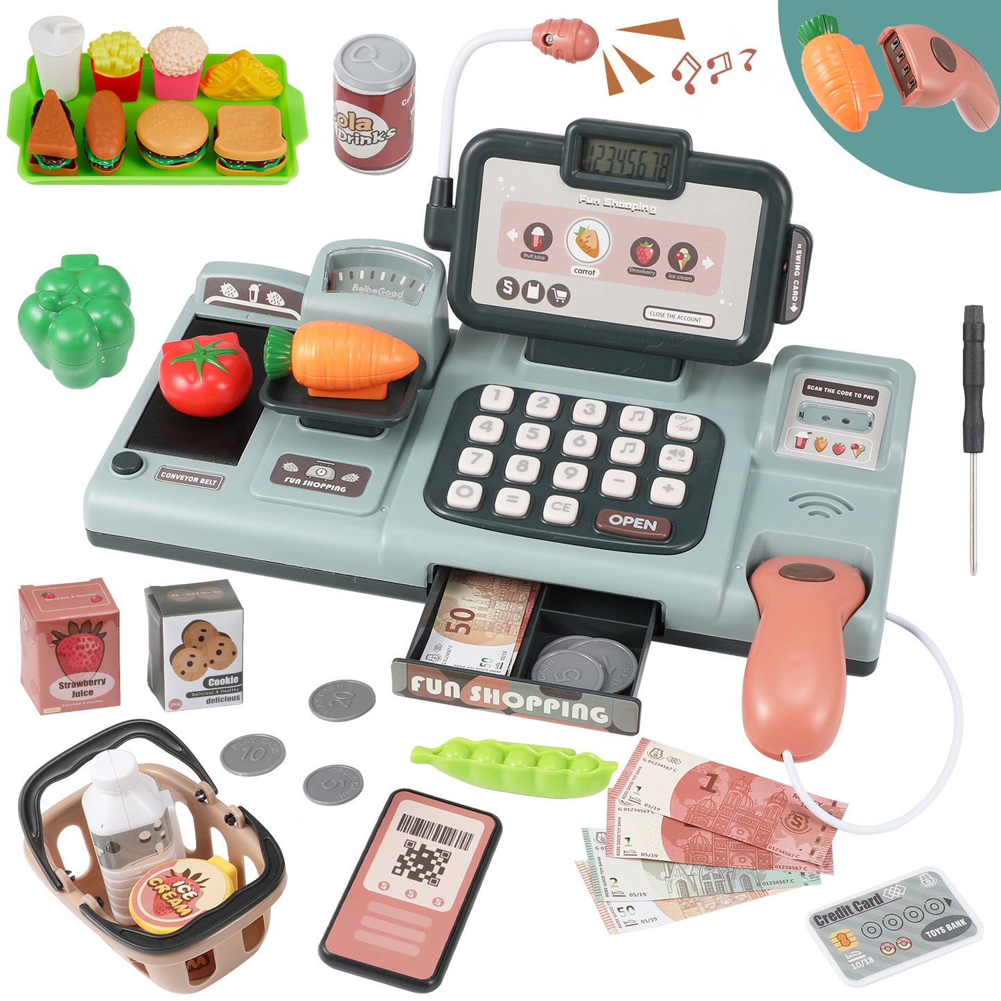 Cash Register for Kids, Anpro Pretend Store Toy Play Set with Sound Scanner, Role Play Shopping Cashier Playset with Sound Food Shopping Basket for Boys Girls 3+ Years, Blue