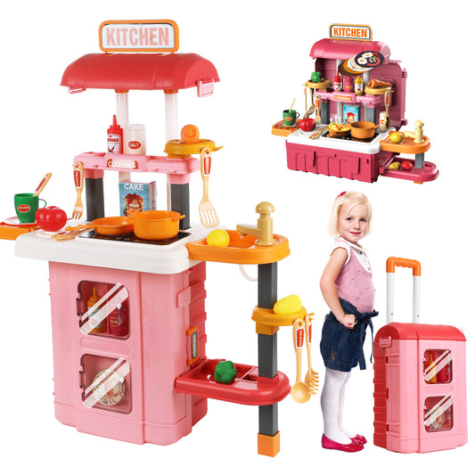 Anpro 28Inch Play Kitchen Set for Kids, 49PCS Pretend Play Kitchen with Sounds & Lights, Toy Kitchen Cooking Set, Best Gifts for Toddlers Age 3+, Pink
