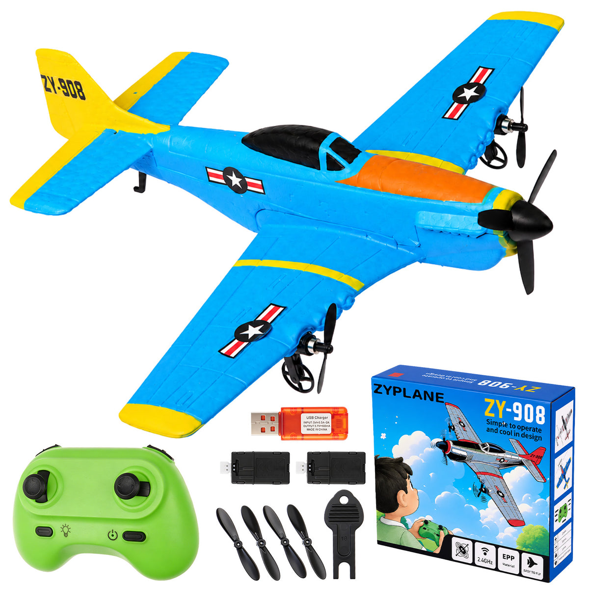 Zacro RC Airplane for Kids, 2.4GHz Remote Control Plane with Gyro Stabilization, LED Lights, Foam Aircraft RC Glider Toy for Kids Adult Beginner - Blue