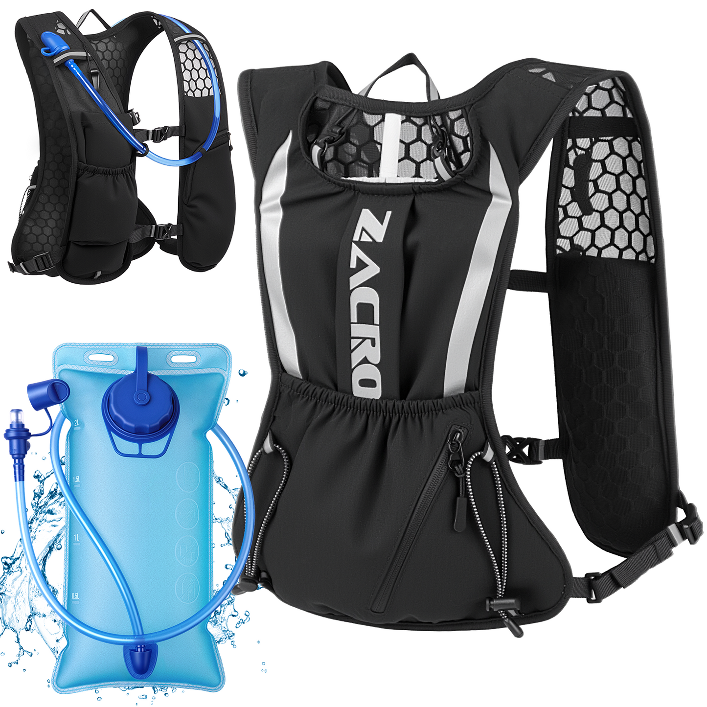 Zacro Reflective Running Vest for Men Women,  Adjustable Lightweight Running Backpack Hydration Vest with 2L Soft Flask, Running Gear for Walking, Hiking, Cycling - Black