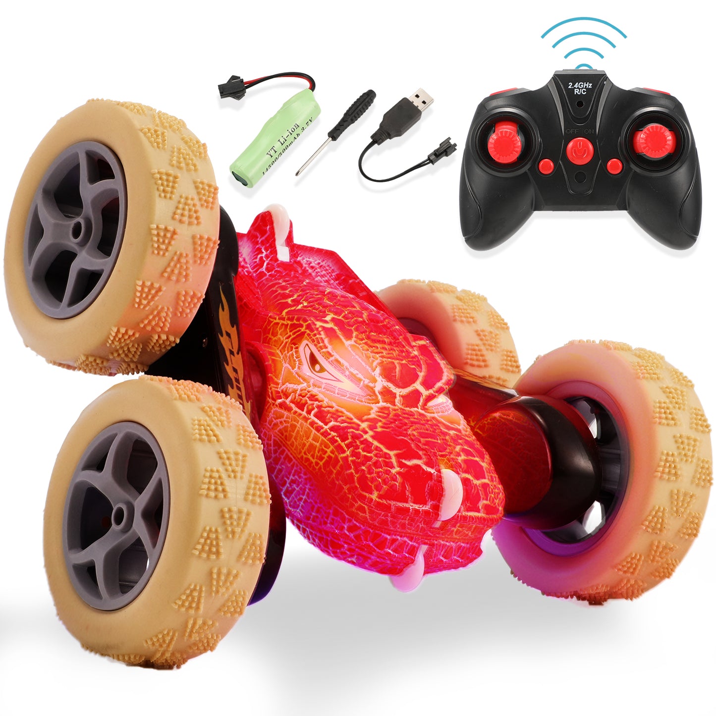 Anpro 2.4GHz Remote Control Car, Electric Race Stunt Car, Double Sided 360° Rolling Rotating Monster Truck Toys, 4WD High Speed Off Road Car for 3-12 Year Old Boys Girls Toys, Red