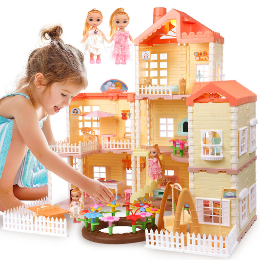 Dollhouse Playset for Girls, 3-Story 7 Rooms Pretend Play Toddler Dollhouse with Lights, Furnitures and Accessories, Gifts for Girls Aged 3 4 5 6 7 8 Years Old, Orange Pink
