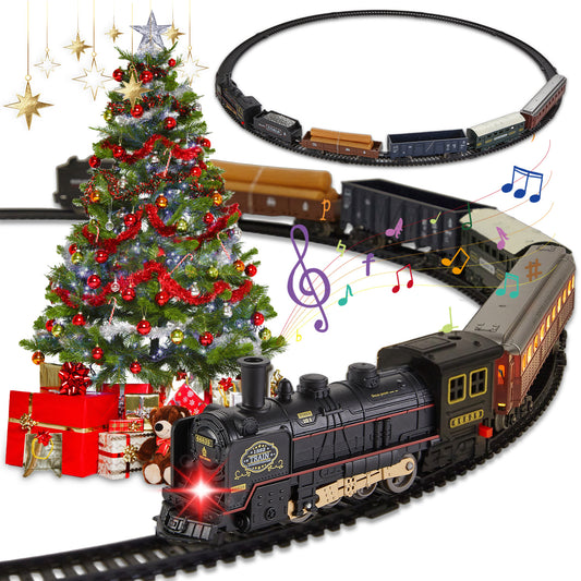 Petbank Electric Train Set, Electric Railway Train Car Track Play Set Toy with Music, Lights, Luxury Track & 5 Truck Carriage