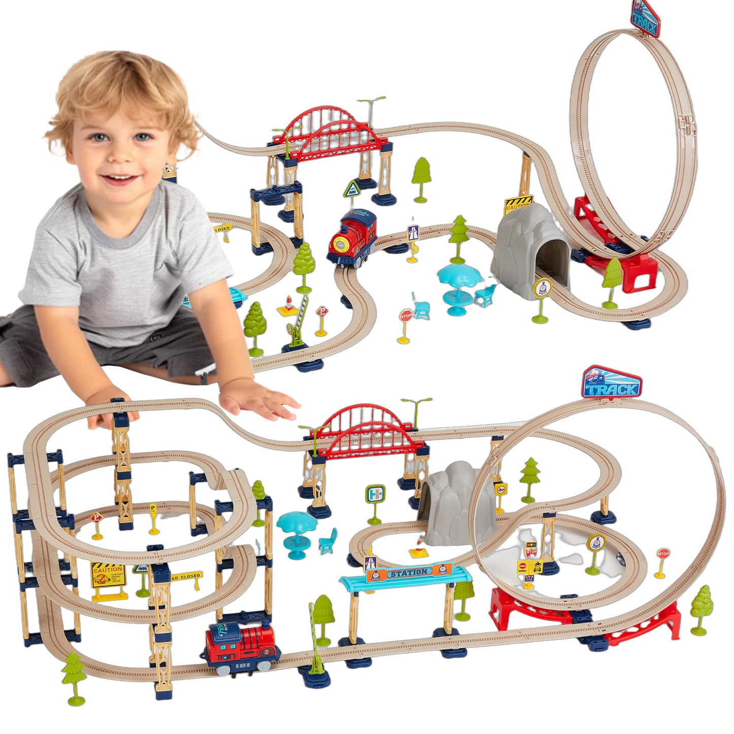 Lictin Train Track Toys for Kids, 146pcs Electric Train Set with Road Signs & Stickers, Train Track Set Train Toys Gift for Boys Girls 3 4 5 6 Year Old