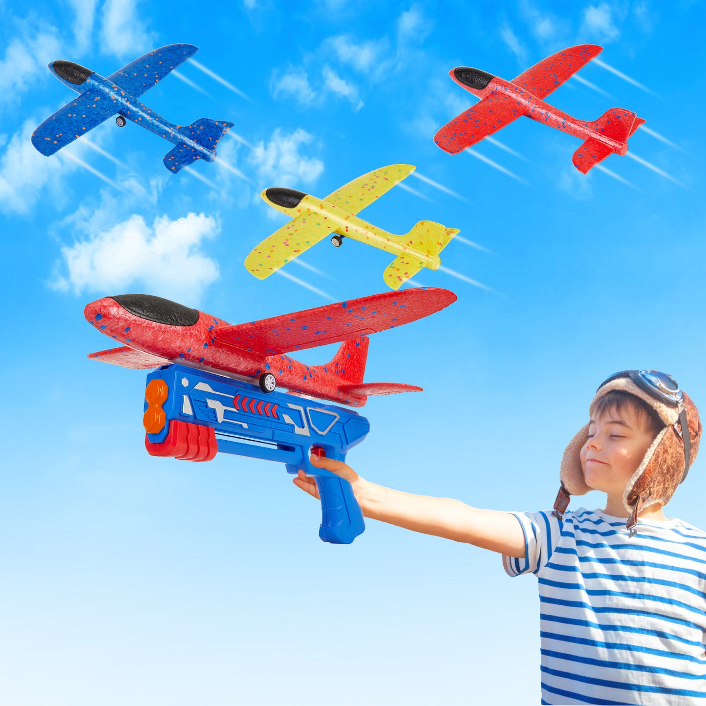 Zacro 3 Pack Airplane Launcher Toys, Foam Glider Catapult Airplane Toy for Boys Girls 4-12 Year Old, Outdoor Flying Toys Gifts, Red, Yellow, Blue
