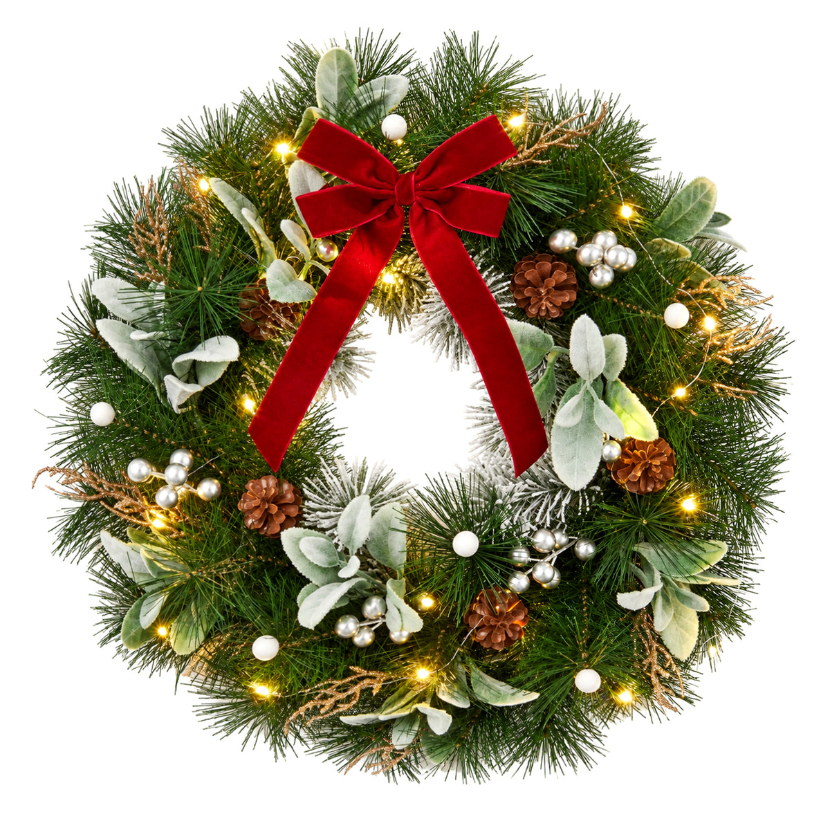 20in Christmas Wreath with Red Bow, LED Lights, for Front Door Indoor Outdoor Holiday Christmas Party Decorations
