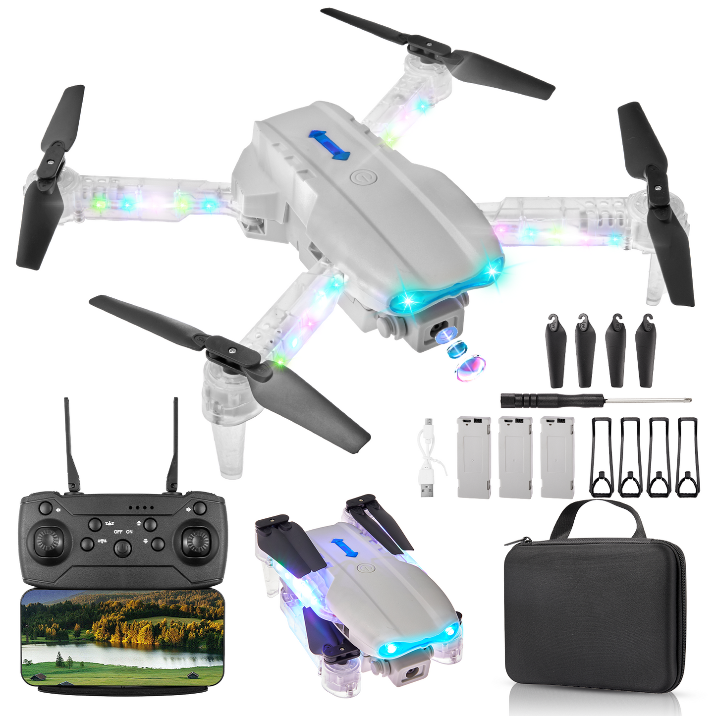 Lictin Drone with HD Camera for Adults Kids, WIFI FPV RC Quadcopter with Colorful LED Lights, Foldable RC Drone with 3 Batteries, Carrying Case