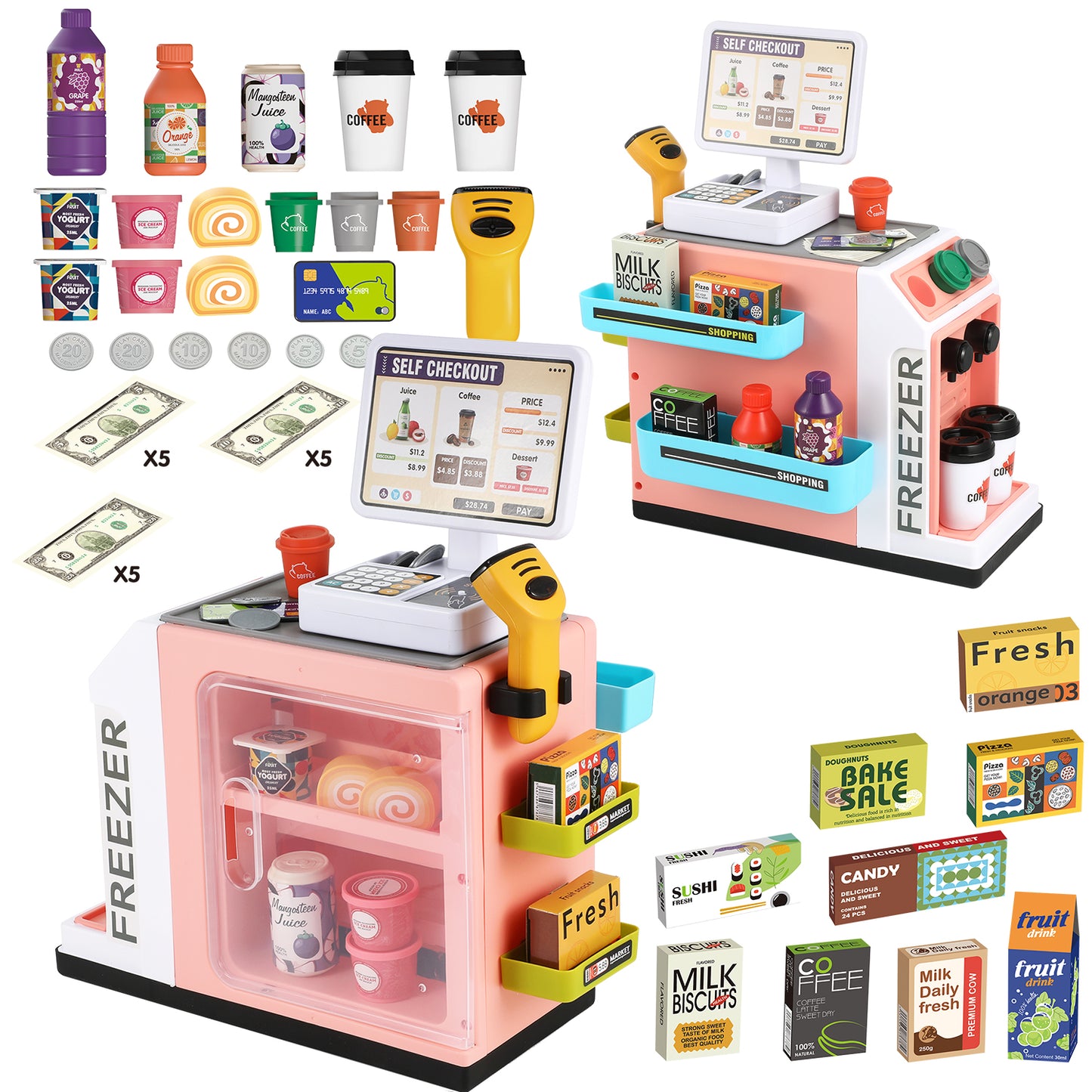 Anpro 47PCS Cash Register Playset for Kids, Pretend Play Cash Register with Calculator, Scanners, Coffee Machine, Credit Cards and Play Food for Boys Girls Age 3+, Pink