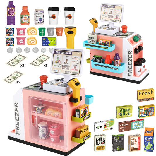 Anpro 47PCS Cash Register Playset for Kids, Pretend Play Cash Register with Calculator, Scanners, Coffee Machine, Credit Cards and Play Food for Boys Girls Age 3+, Pink