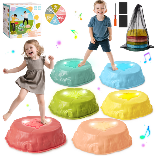 Gleamkid Musical Light-up Stepping Stones for Kids, 6pcs Pcs Non-Slip Balance Stepping Stones with Rainbow Spinner Game, Indoor Outdoor Sensory Toy Gifts for Toddlers Boys Girls Ages 3+