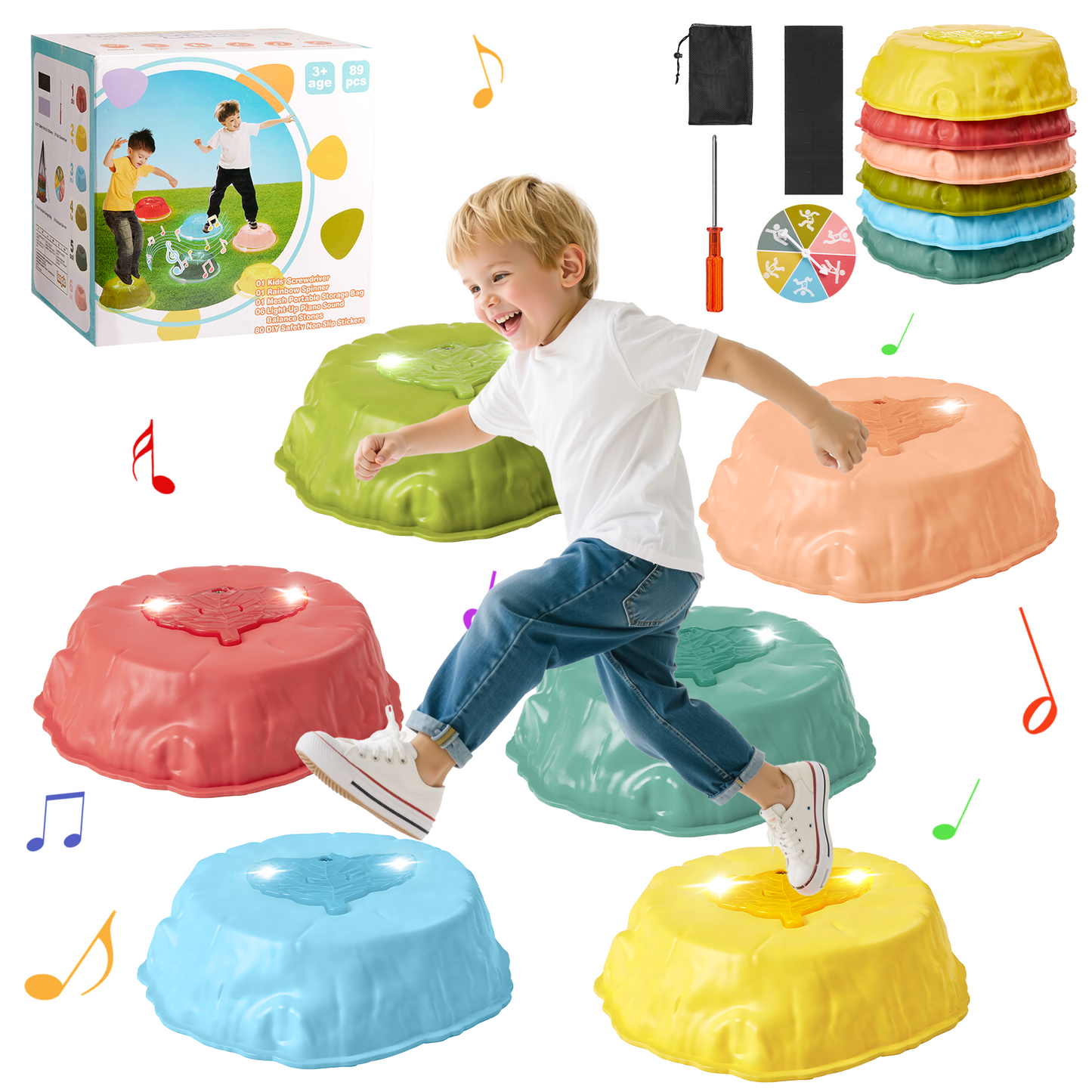 Gleamkid Musical Light-up Stepping Stones for Kids, 6pcs Pcs Non-Slip Balance Stepping Stones with Rainbow Spinner Game, Indoor Outdoor Sensory Toy Gifts for Toddlers Boys Girls Ages 3+
