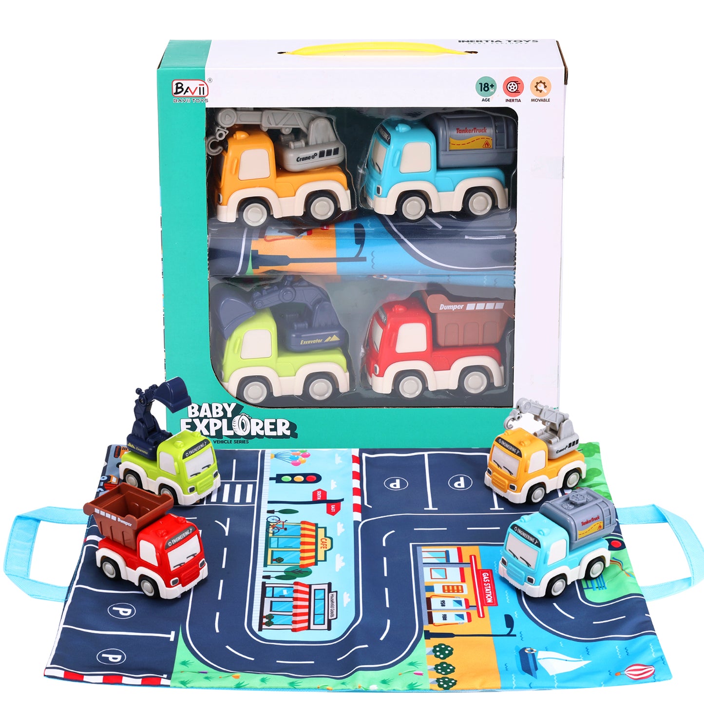 Anpro Friction Powered Cars Toy with Playmat Storage Bag, Push and Go Car Baby Toys, Pull Back Construction Truck Vehicles Play Set for Boys Girls Toddlers Kids, 4 Pack