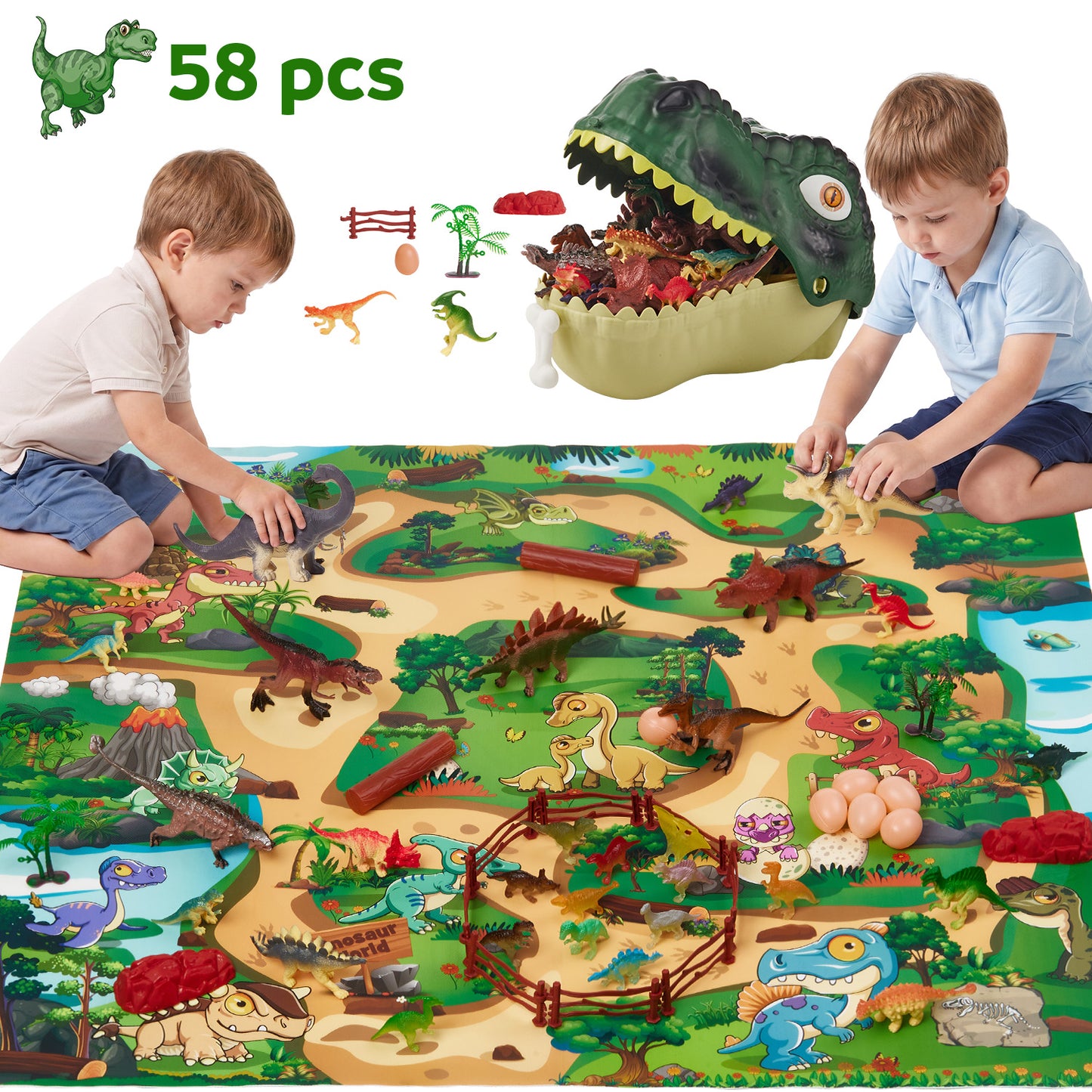 Lilian and Gema Dinosaur Toys for Kids 3-6, 58PCS Realistic Dinosaur Figures Set with Play Map, Eggs, Trees and Fence, Dinosaur Playset Gift for Boys and Girls
