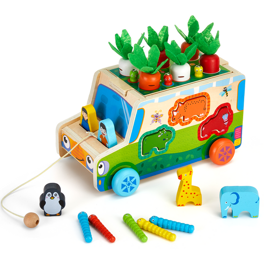 Petbank Montessori Toys, Wooden Montessori Shape Sorting Toys for Toddlers, with Carrot, Worm, Farm Animals Blocks and Traction Rope, Carrot Harvest Game Gift for Kids Ages 1-3