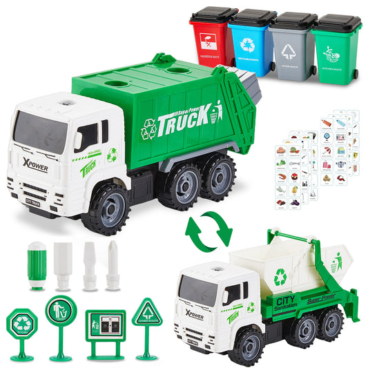 Zacro Garbage Truck Toy Set, Friction Powered Trash Truck Toy with 4 Trash Bins and 108 Learning Cards, Push and Go Car Toy for Kids Ages 3 and Up