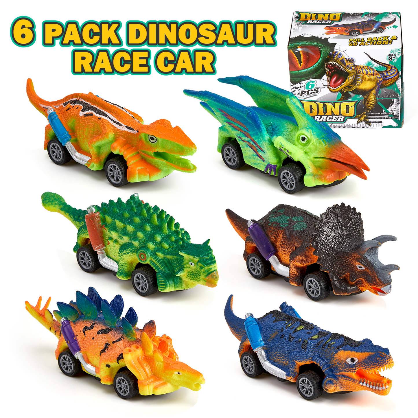 Lictin Dinosaur Pull Back Car Toys for Kids, 6 Pack Dinosaur Car Toys Gifts for Toddler Boys and Girls Age 2 3 4 5 Years Old