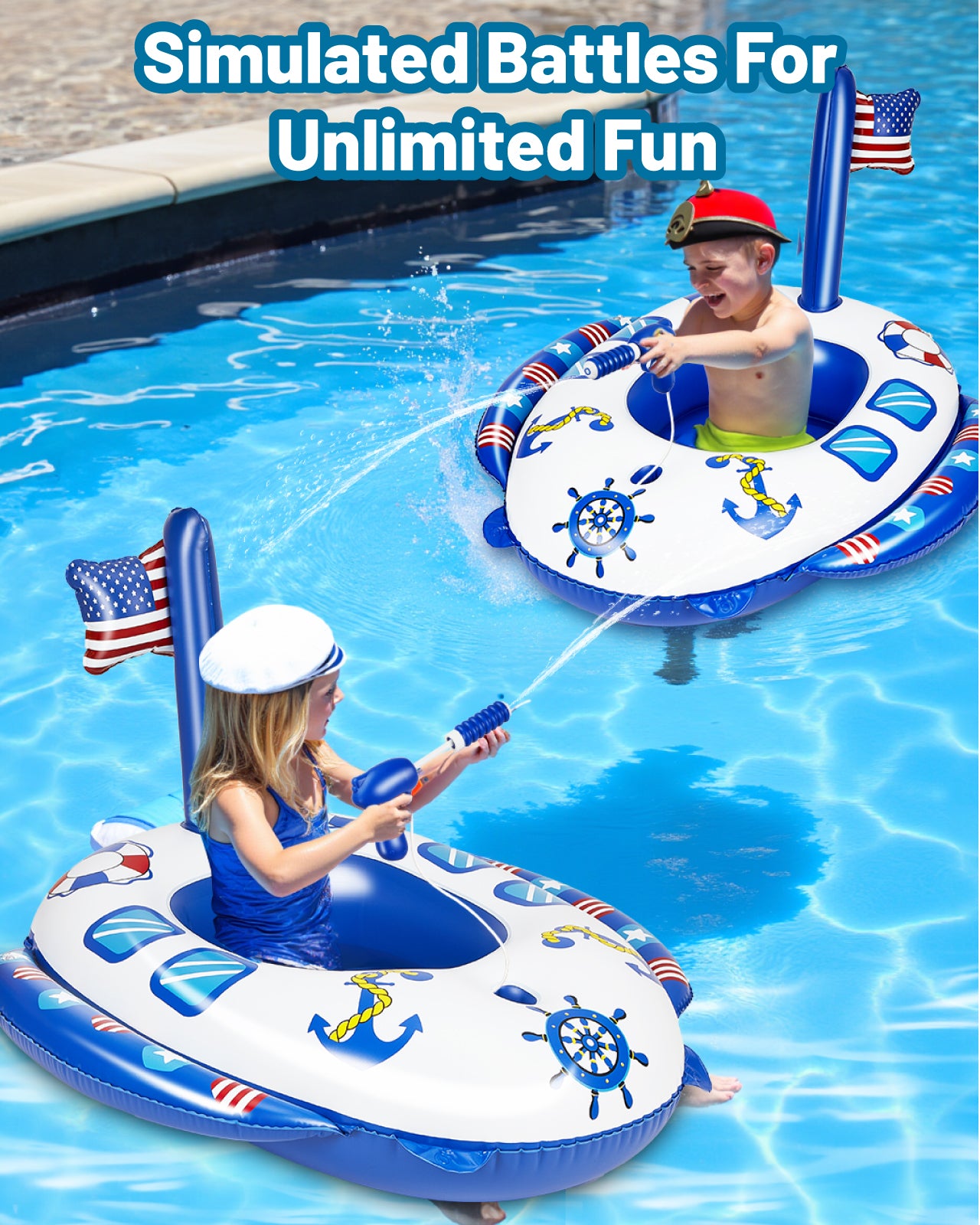 Inflatable Pool Floats for Toddlers with Built-in Water Squirt Gun, Pirate Boat Pool Float Swim Seat Toys for Kids, Summer Outdoor Water Toy for Boys Girls Aged 3-8 Years, Blue